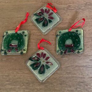 Set of Four Glass Christmas Ornaments - 3 in x 3 in - Red, Green and Clear -  Ne